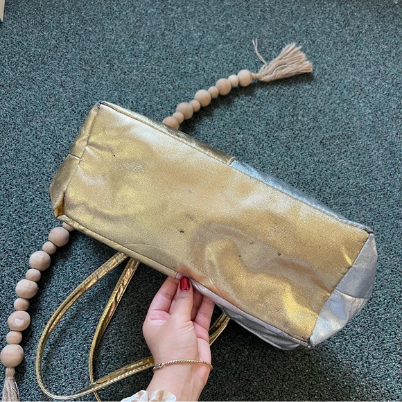 Color-block Shiny Metallic Silver & Gold Medium Large Tote Bag Pockets Laptop - Picture 13 of 16